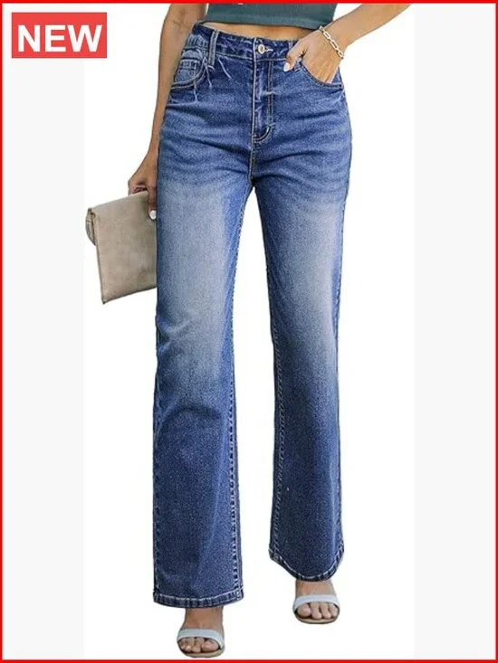 High Waisted Wide Leg Jeans Straight Denim Pants with Pockets - Picture 1 of 7